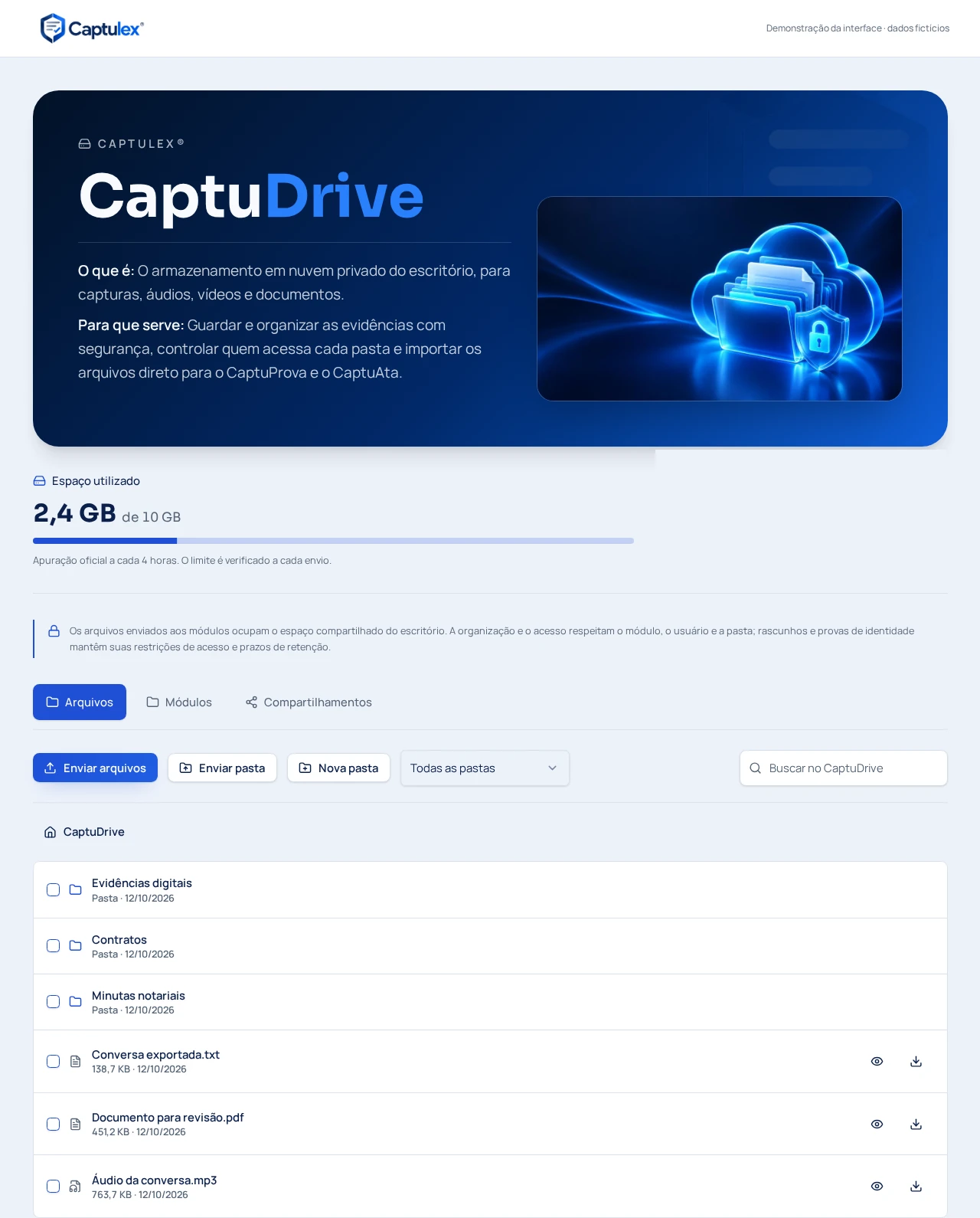 Acervo e espaço utilizado — interface original do CaptuDrive com dados fictícios