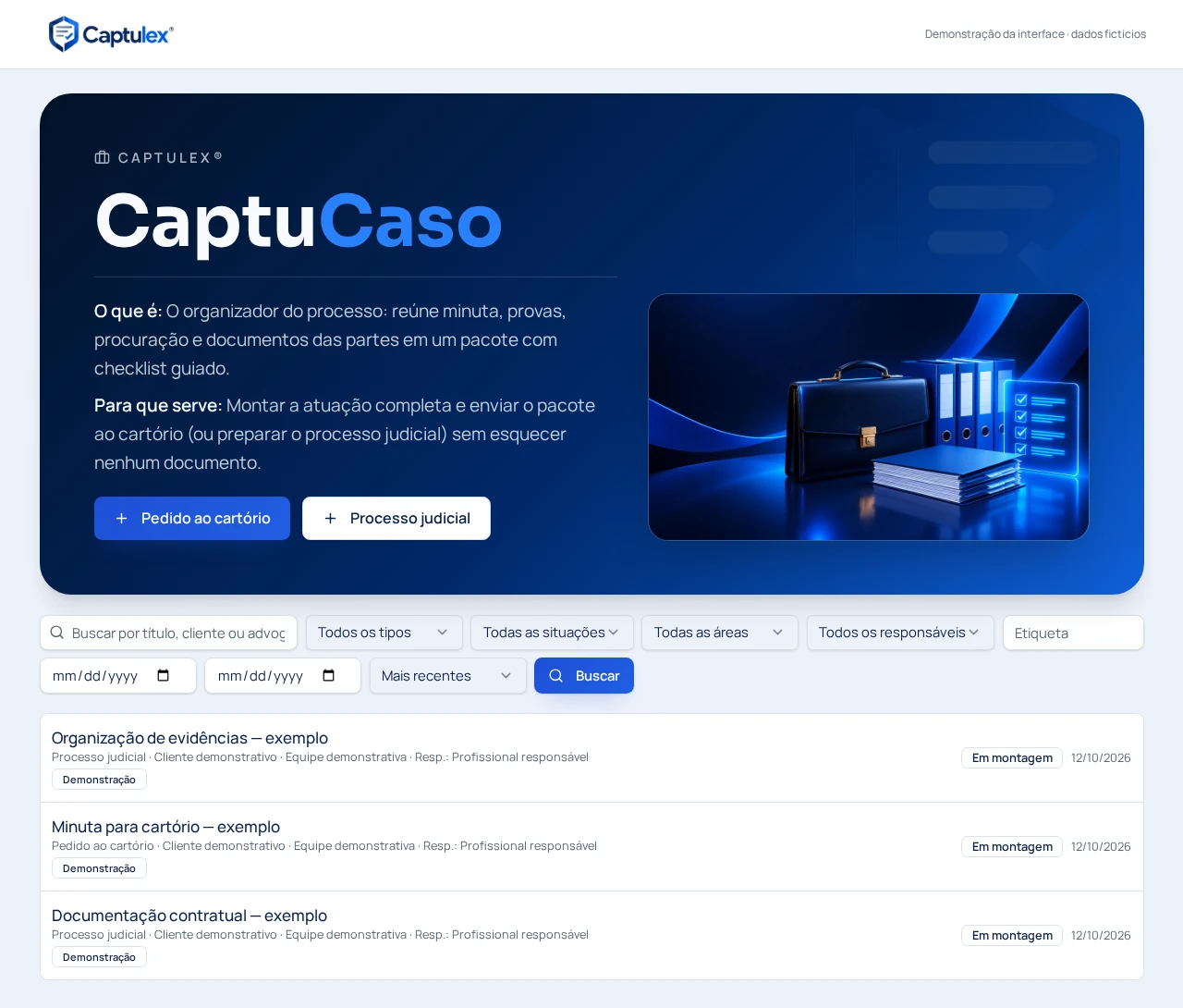 Lista de casos e pedidos — interface original do CaptuCaso com dados fictícios