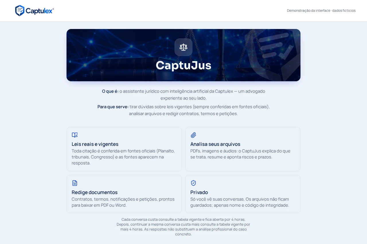 Início da conversa jurídica — interface original do CaptuJus com dados fictícios