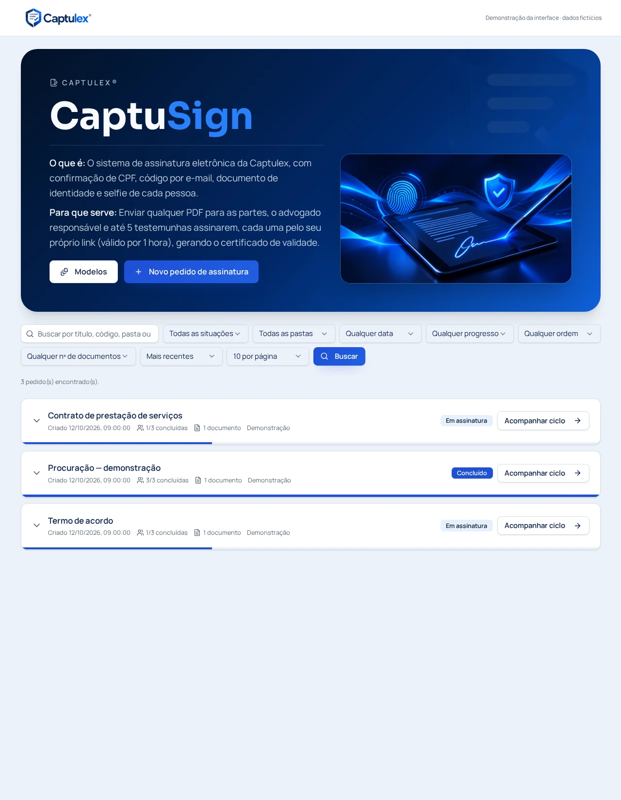 Pedidos e progresso — interface original do CaptuSign com dados fictícios
