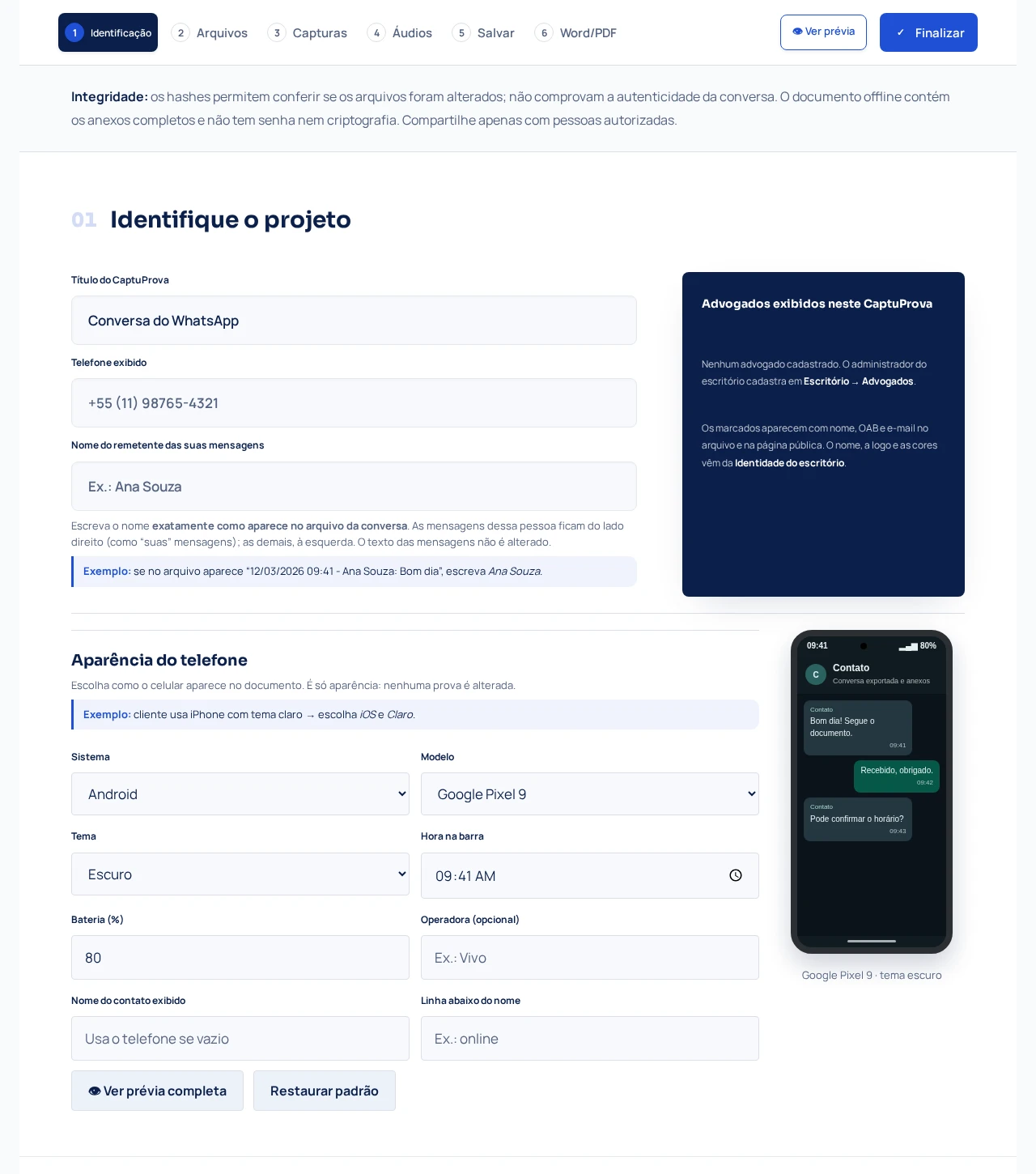 Identificação e apresentação — interface original do CaptuProva com dados fictícios